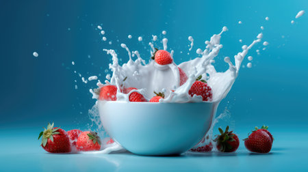Concept illustration of strawberries falling into a bowl of milk on a blue background. Generative AIの素材