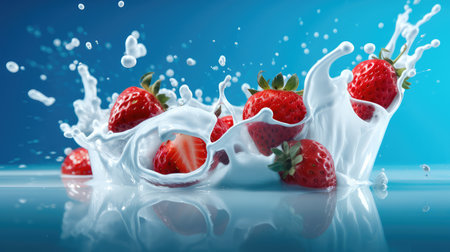 Concept illustration of strawberries falling into milk on a blue background. Generative AIの素材