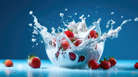 Concept illustration of strawberries falling into a bowl of milk on a blue background. Generative AIの素材