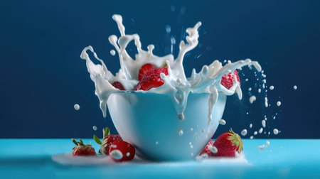 Concept illustration of strawberries falling into a bowl of milk on a blue background. Generative AIの素材