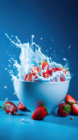 Concept illustration of strawberries falling into a bowl of milk on a blue background. Generative AIの素材