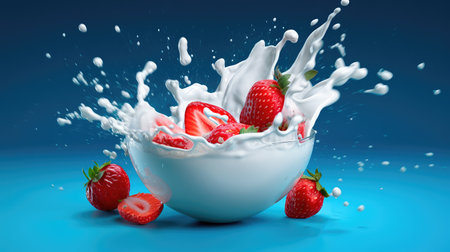 Concept illustration of strawberries falling into a bowl of milk on a blue background. Generative AIの素材