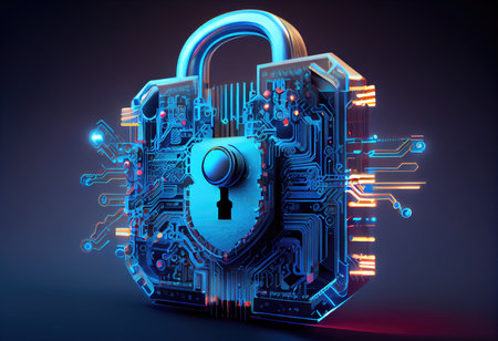 Concept illustration of cyber security lock. Internet technology concept of cybersecurity and data privacy. Generative AIの素材