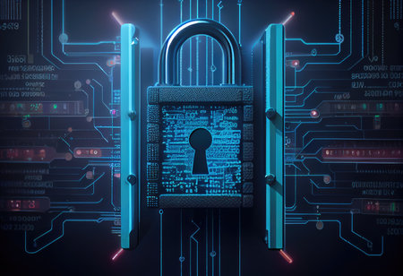 Concept illustration of cyber security lock. Internet technology concept of cybersecurity and data privacy. Generative AIの素材
