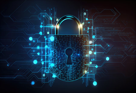 Concept illustration of cyber security lock. Internet technology concept of cybersecurity and data privacy. Generative AIの素材