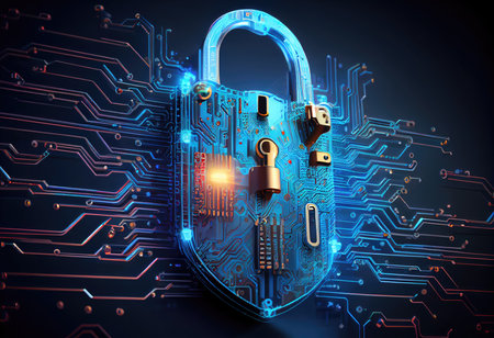 Concept illustration of cyber security lock. Internet technology concept of cybersecurity and data privacy. Generative AIの素材