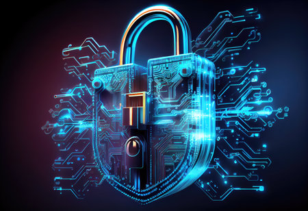 Concept illustration of cyber security lock. Internet technology concept of cybersecurity and data privacy. Generative AIの素材