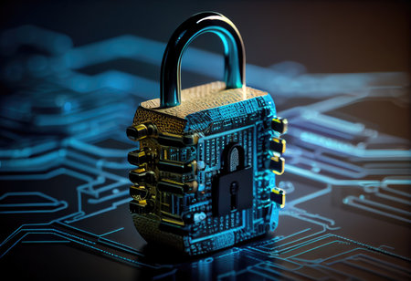 Concept illustration of cyber security lock. Internet technology concept of cybersecurity and data privacy. Generative AIの素材