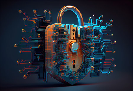 Concept illustration of cyber security lock. Internet technology concept of cybersecurity and data privacy. Generative AIの素材