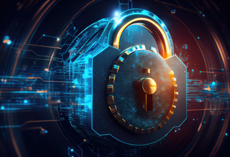 Concept illustration of cyber security lock. Internet technology concept of cybersecurity and data privacy. Generative AIの素材