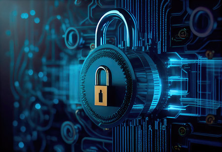 Concept illustration of cyber security lock. Internet technology concept of cybersecurity and data privacy. Generative AIの素材