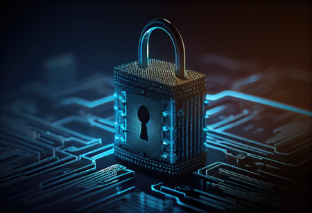 Concept illustration of cyber security lock. Internet technology concept of cybersecurity and data privacy. Generative AIの素材