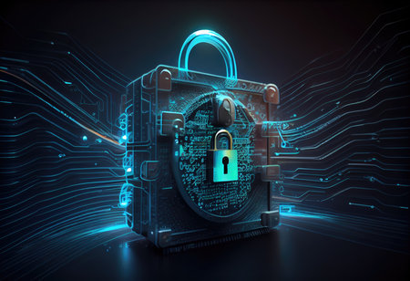 Concept illustration of cyber security lock. Internet technology concept of cybersecurity and data privacy. Generative AIの素材