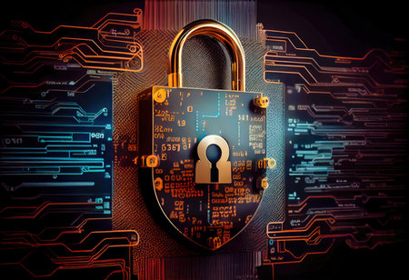 Concept illustration of cyber security lock. Internet technology concept of cybersecurity and data privacy. Generative AIの素材