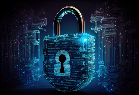 Concept illustration of cyber security lock. Internet technology concept of cybersecurity and data privacy. Generative AIの素材