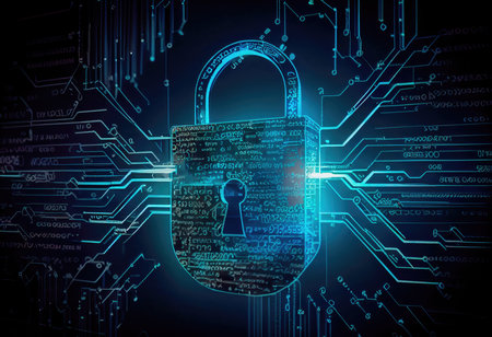 Concept illustration of cyber security lock. Internet technology concept of cybersecurity and data privacy. Generative AIの素材
