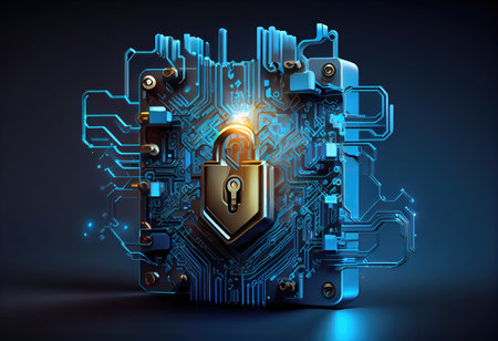 Concept illustration of cyber security lock. Internet technology concept of cybersecurity and data privacy. Generative AIの素材