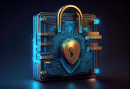Concept illustration of cyber security lock. Internet technology concept of cybersecurity and data privacy. Generative AIの素材