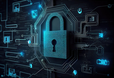 Concept illustration of cyber security lock. Internet technology concept of cybersecurity and data privacy. Generative AIの素材