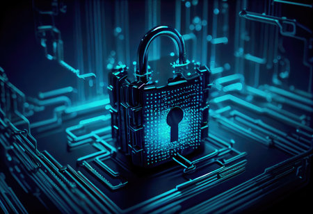 Concept illustration of cyber security lock. Internet technology concept of cybersecurity and data privacy. Generative AIの素材