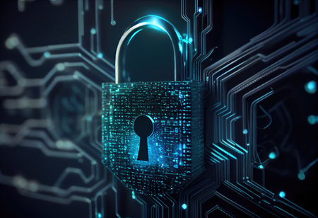 Concept illustration of cyber security lock. Internet technology concept of cybersecurity and data privacy. Generative AIの素材