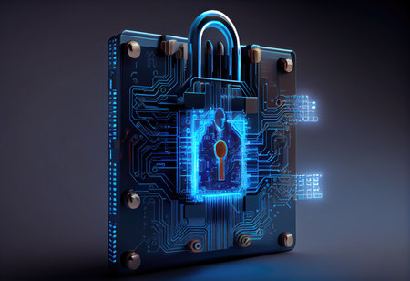 Concept illustration of cyber security lock. Internet technology concept of cybersecurity and data privacy. Generative AIの素材