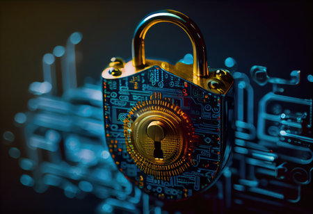 Concept illustration of cyber security lock. Internet technology concept of cybersecurity and data privacy. Generative AIの素材