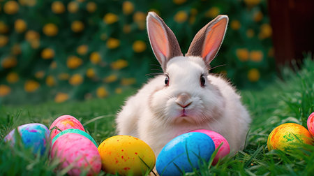 Concept illustration of a realistic photograph of a Happy Easter Bunny sitting in a field of green grass, surrounded by colorful Easter eggs. Generative AIの素材