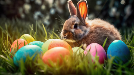 Concept illustration of a realistic photograph of a Happy Easter Bunny sitting in a field of green grass, surrounded by colorful Easter eggs. Generative AIの素材