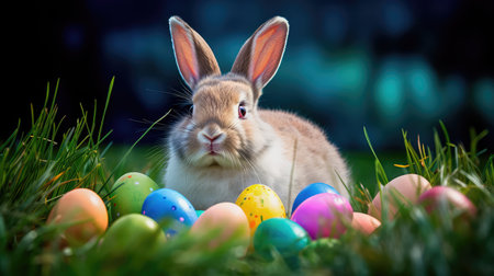 Concept illustration of a realistic photograph of a Happy Easter Bunny sitting in a field of green grass, surrounded by colorful Easter eggs. Generative AIの素材