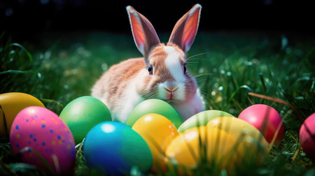 Concept illustration of a realistic photograph of a Happy Easter Bunny sitting in a field of green grass, surrounded by colorful Easter eggs. Generative AIの素材