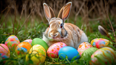 Concept illustration of a realistic photograph of a Happy Easter Bunny sitting in a field of green grass, surrounded by colorful Easter eggs. Generative AIの素材