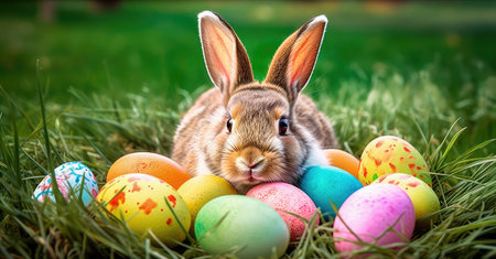 Concept illustration of a realistic photograph of a Happy Easter Bunny sitting in a field of green grass, surrounded by colorful Easter eggs. Generative AIの素材