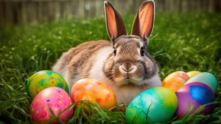 Concept illustration of a realistic photograph of a Happy Easter Bunny sitting in a field of green grass, surrounded by colorful Easter eggs. Generative AIの素材
