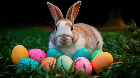 Concept illustration of a realistic photograph of a Happy Easter Bunny sitting in a field of green grass, surrounded by colorful Easter eggs. Generative AIの素材