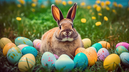 Concept illustration of a realistic photograph of a Happy Easter Bunny sitting in a field of green grass, surrounded by colorful Easter eggs. Generative AIの素材