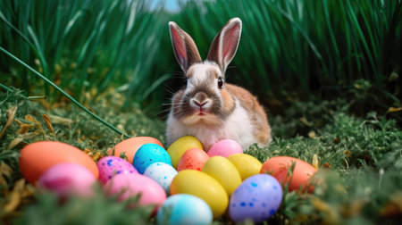 Concept illustration of a realistic photograph of a Happy Easter Bunny sitting in a field of green grass, surrounded by colorful Easter eggs. Generative AIの素材