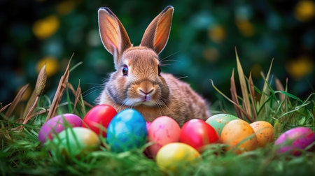 Concept illustration of a realistic photograph of a Happy Easter Bunny sitting in a field of green grass, surrounded by colorful Easter eggs. Generative AIの素材