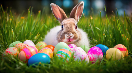 Concept illustration of a realistic photograph of a Happy Easter Bunny sitting in a field of green grass, surrounded by colorful Easter eggs. Generative AIの素材