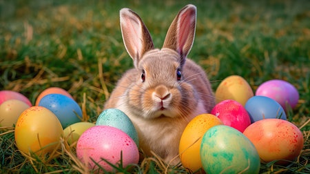 Concept illustration of a realistic photograph of a Happy Easter Bunny sitting in a field of green grass, surrounded by colorful Easter eggs. Generative AIの素材