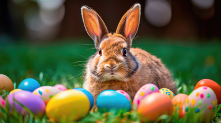 Concept illustration of a realistic photograph of a Happy Easter Bunny sitting in a field of green grass, surrounded by colorful Easter eggs. Generative AIの素材