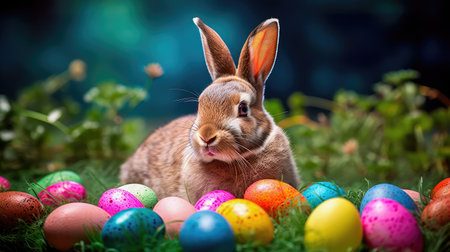Concept illustration of a realistic photograph of a Happy Easter Bunny sitting in a field of green grass, surrounded by colorful Easter eggs. Generative AIの素材