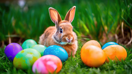 Concept illustration of a realistic photograph of a Happy Easter Bunny sitting in a field of green grass, surrounded by colorful Easter eggs. Generative AIの素材