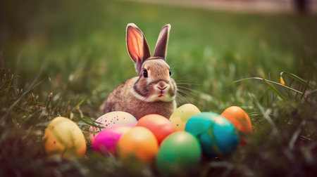 Concept illustration of a realistic photograph of a Happy Easter Bunny sitting in a field of green grass, surrounded by colorful Easter eggs. Generative AIの素材