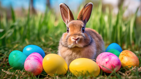 Concept illustration of a realistic photograph of a Happy Easter Bunny sitting in a field of green grass, surrounded by colorful Easter eggs. Generative AIの素材