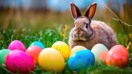 Concept illustration of a realistic photograph of a Happy Easter Bunny sitting in a field of green grass, surrounded by colorful Easter eggs. Generative AIの素材