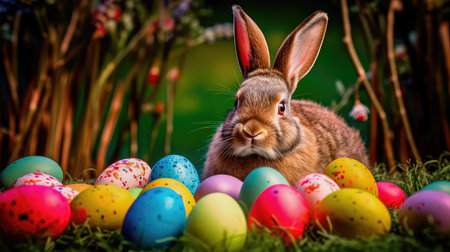 Concept illustration of a realistic photograph of a Happy Easter Bunny sitting in a field of green grass, surrounded by colorful Easter eggs. Generative AIの素材