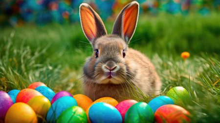 Concept illustration of a realistic photograph of a Happy Easter Bunny sitting in a field of green grass, surrounded by colorful Easter eggs. Generative AIの素材