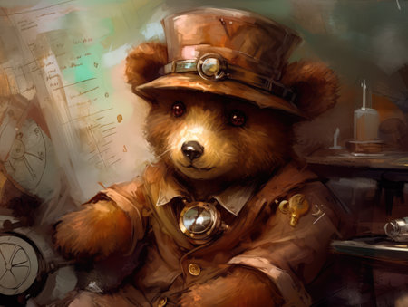 Concept illustration of a teddy bear dressed in a steampunk outfit, steampunk, close-up shot, inside a cozy study, warm atmosphere.の素材