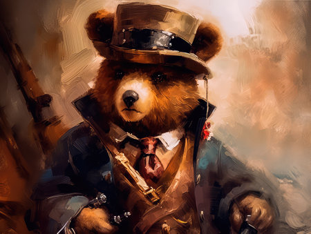 Concept illustration of a teddy bear dressed in a steampunk outfit, steampunk, close-up shot, inside a cozy study, warm atmosphere.の素材